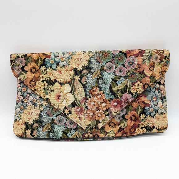 Vintage Neutral Floral Tapestry Large Envelope Clutch Purse - Picture 1 of 10